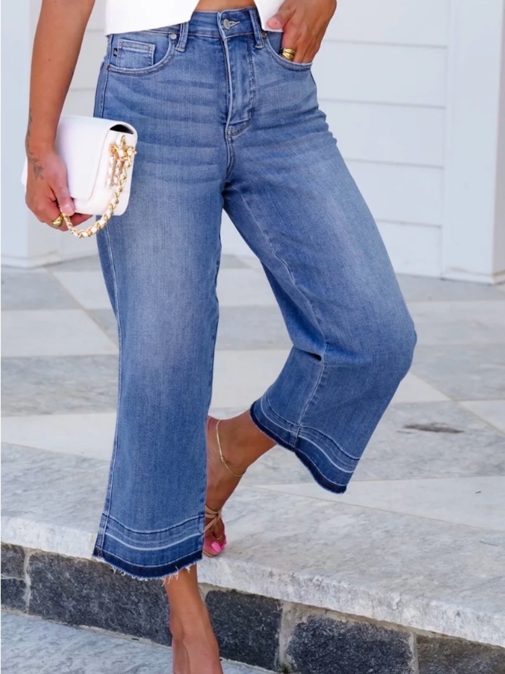 Judy Blue High Rise Medium Wash Tummy Control Cropped Wide Leg Jeans